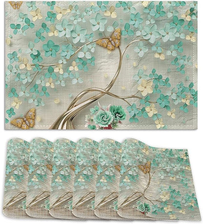 Golden Butterfly and Green Flowers Place Mats Set of 6, Table Mats,Heat Insulation Non Slip Washable Dining Placemats for Wedding Holiday Party Kitchen Decor 12X18 in