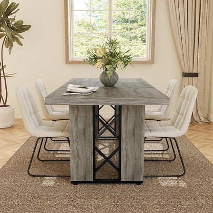 7-Piece Dining Table Set for 6 People, 70.8" MDF Kitchen Table with 6 Upholstered Chairs, Space-Saving for Dining Room, Breakfast Nook(Grey Table+6 White Chairs)