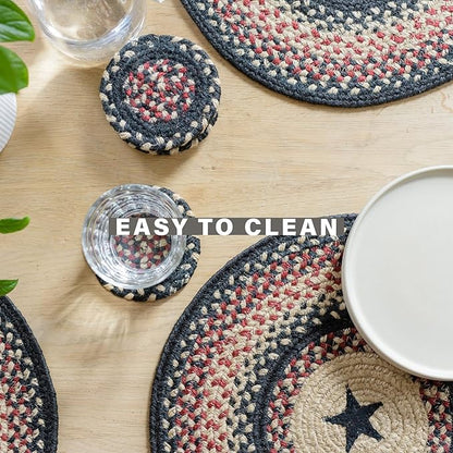 Homespice Primitive Star Gloucester Round Braided Placemats, Warm Primitive Decor, Set of 2, 15" Black and Red Jute Table Mats - Vibrant Colors, Durable, Easy to Clean and Protects Furniture