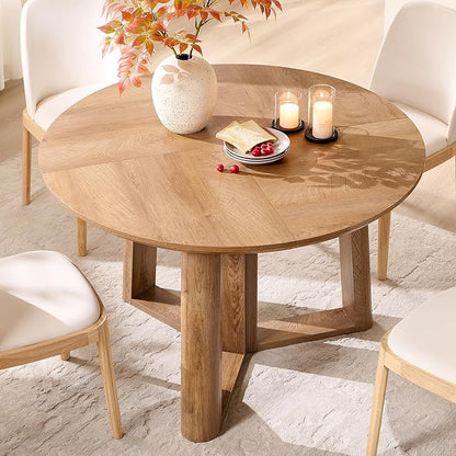 OKD 47" Dining Table for 4-6, Round Dining Room Table with Triangular Structure Pedestal Stable Base, Curved Table Edge, Circle Kitchen Tables for Dining Room, Kitchen, Light Tree Knot