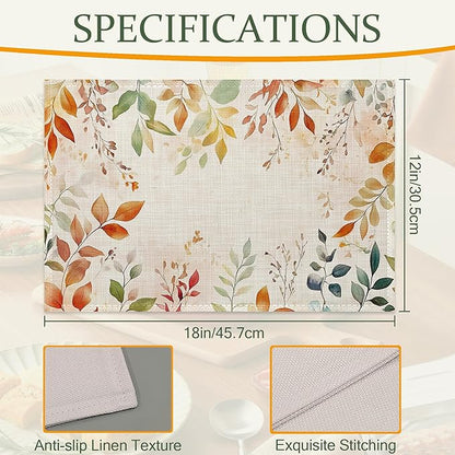 Fall Leaves Fabric Placemats,Autumn Watercolor Leaf Table Placemats Set of 6 Cloth Place Mats, Washable Heat-Resistant Table Mats for Home Kitchen Dining Room Decoration 11.8x17.7 Inch
