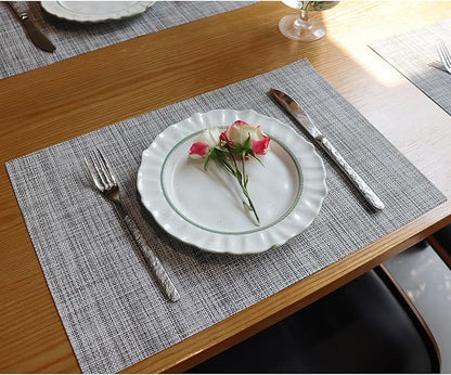 Placemats Set of 4,Heat Resistant Non-Slip Table Mats,Place mats for Dining Table,Washable Durable PVC Vinyl Woven Placemat（Light Gray）