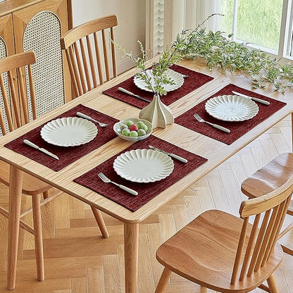 Softalker Faux Linen Placemats Set of 6-12 x 18 Inch, Heat Resistant Double Layered Durable Burlap Farmhouse Place Mats, Non-Slip Washable Rustic Table Mats for Dining, Kitchen, Party（Red