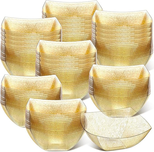 Sliner 100 Pcs Square Plastic Bowls Plastic Serving Bowls Disposable Chip Containers for Parties Snack Fruit Candy Containers for Candy Buffet Salad Bar Buffet Party Supplies(Gold Glitter,16 oz)