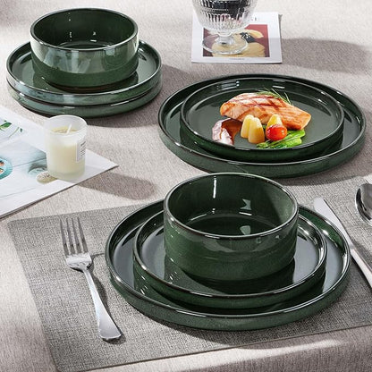 Herogo 12 Pieces Stoneware Dinnerware Set for 4, Ceramic Dinner Dishware Sets for Home Kitchen, Plates and Bowls with Rustic Terracotta Bottom, Dishwasher & Microwave Safe, Dark Green