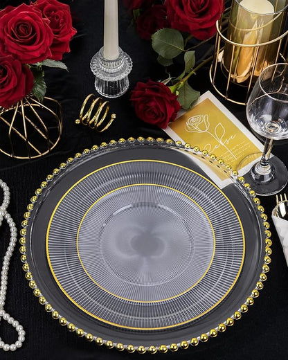 Hioasis 60pcs Clear Gold Plastic Plates - Gold Disposable Dinnerware Set, 30pcs Dinner 10.25in & 30pcs dessert 7.5in plates with striped designs for party & wedding