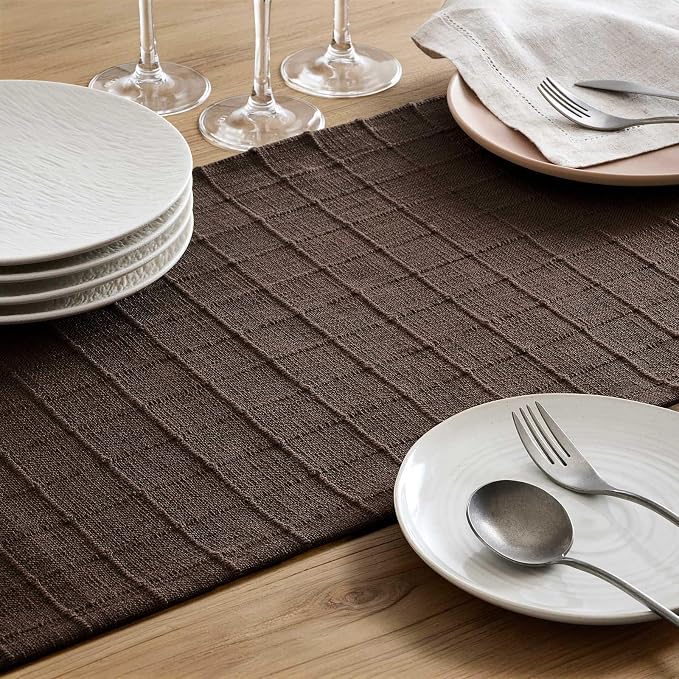 Artisanal Grid Linen Table Runner, 13x48 Inches Chocolate | Heavy Textured - Image 6
