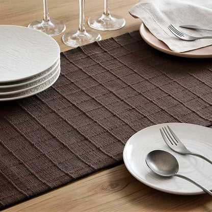 Artisanal Grid Linen Table Runner, 13x72 Inches Chocolate | Heavy Textured - Image 6