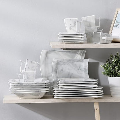 MALACASA Plates and Bowls Sets, 30 Piece Porcelain Dinnerware Sets for 6, Square Dinnerware Set with Dinner Plate, Dessert Plate, Soup Plate, Cup and Saucer, Modern Dish Set, Marble Grey, Series Flora