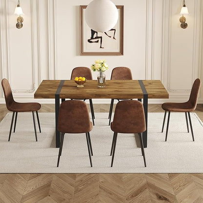Dining Table Set for 6, Modern 71'' Dark Wood Dining Table and Fabric Dining Chairs Set of 6,Table and Chairs Set of 6,Ideal for Kitchen Dining Room