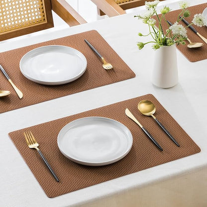 Jovono Faux Leather Placemats Set of 4, Waterproof Washable Table Mats, Easy-Clean Heat Resistant Kitchen Vinyl Place Mat for Dining Table, Restaurant, Indoor, 17.8"x11.8", Brown