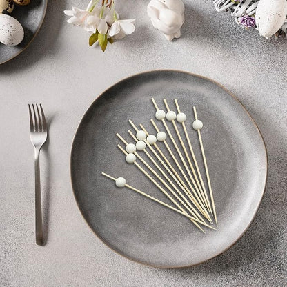 Minisland Milky White Pearl Cocktail Picks, 4.7 Inch Long Bamboo Fancy Toothpicks for Appetizers, Decorative Easter Holiday Wedding Party Food Drink Garnish Fruit Skewer Sticks 100 Counts - MSL455