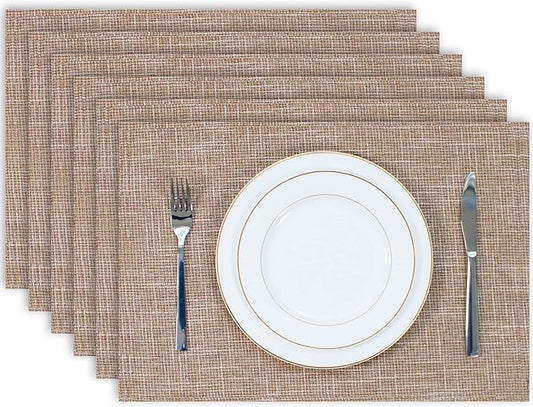 Kevin Textile Burlap Linen Placemats Set of 6 Heat Resistant Dining Table Place Mats Washable Kitchen Table Mats for Dinning Party Holiday Indoor Outdoor, 13 x19 inches, Natural Linen