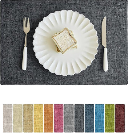 Softalker Faux Linen Placemats Set of 6-12 x 18 Inch, Heat Resistant Double Layered Durable Burlap Farmhouse Place Mats, Non-Slip Washable Rustic Table Mats for Dining, Kitchen, Party（Dark Grey