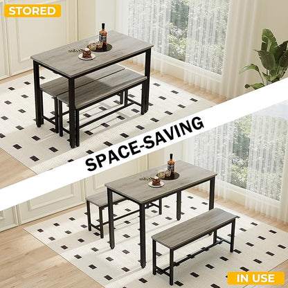 Sturdy Durable Dining Table Set for 4 with Bench, Easy to Assemble Kitchen Table with Bench, Space-Saving Ideal 4-Person Set for Daily Meals, brunches, or workspace,Grey