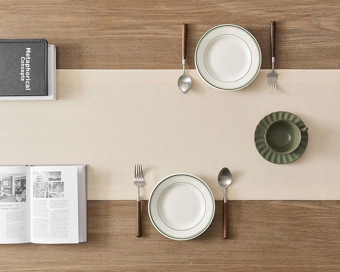 Linen Textured Border Table Runner, 14 x 36 Inch Cream | Mitered Corner Design - Image 4