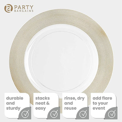 PARTY BARGAINS 13-Inch Charger Plates - 48 Pack, Clear Gold Rope Textured Rim, Heavy-Duty Disposable Chargers for Elegant Dining - Ideal for Weddings and Formal Events