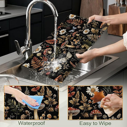 Cloth Placemats,Forest Mushroom Fabric Placemats Set of 6,Washable Rustic Herb Leaf Wildflower Table Mats,Decorative Place Mats for Dining Home Kitchen Holiday Party 11.8x17.7 Inch
