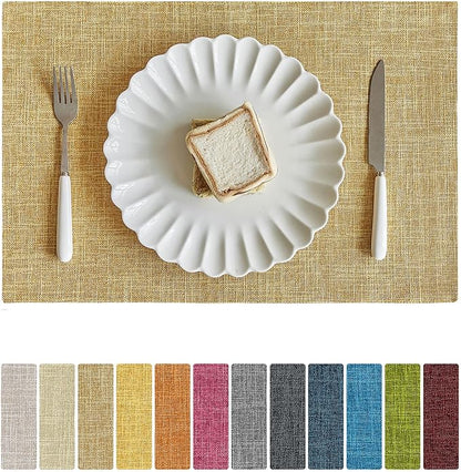 Softalker Faux Linen Placemats Set of 6-12 x 18 Inch, Heat Resistant Double Layered Durable Burlap Farmhouse Place Mats, Non-Slip Washable Rustic Table Mats for Dining, Kitchen, Party（Khaki