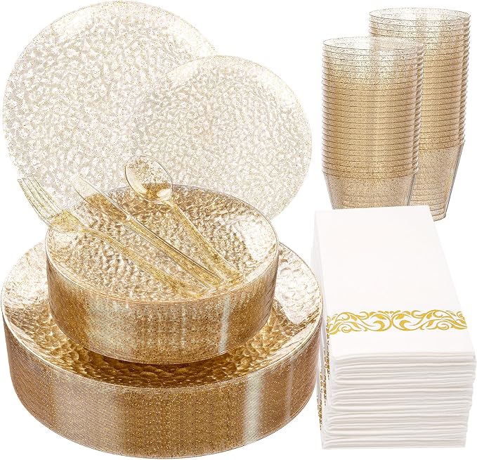 Rubtlamp 175 Pcs Gold Glitter Plastic Plates, Hammered Disposable Plates Set by Rubtlamp