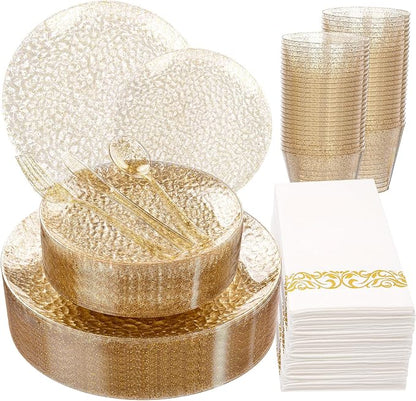Rubtlamp 175 Pcs Gold Glitter Plastic Plates, Hammered Disposable Plates Set by Rubtlamp