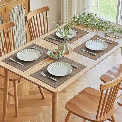 Softalker Faux Linen Placemats Set of 4-12 x 18 Inch, Heat Resistant Double Layered Durable Burlap Farmhouse Place Mats, Non-Slip Washable Rustic Table Mats for Dining, Kitchen, Party（Brown