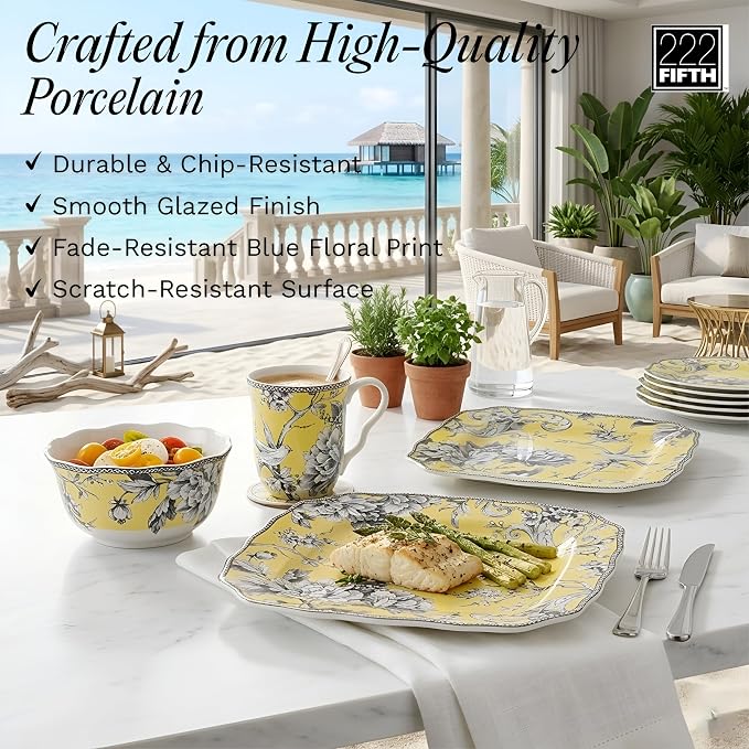 222 Fifth Adelaide Yellow 16-Piece Floral Porcelain Dinnerware Set | Microwave - Image 6