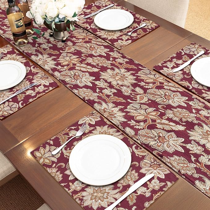 Loom and Mill Vintage Jacquard Damask Table Runner 13x72 inch, Burgundy | - Image 4