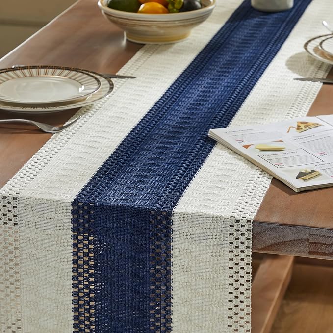 Macrame Style Bicolor Stitching Table Runner 14x90in Navy Blue | Woven Boho - Image 5