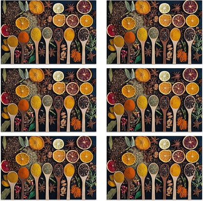 Placemats, Colorful Spices Placemats 12x18 Inch Waterproof Non-Slip Washable Table Mats for Kitchen Dining Party Table Decor,Set of 6