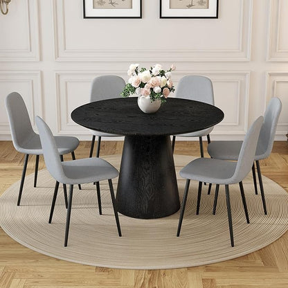 Round Dining Table Set for 6, 45" Modern Faux Marble Kitchen Table and Upholstered Chairs, 7 Piece Circle Dinner Set for Dining Room, Kitchen (Black Set)