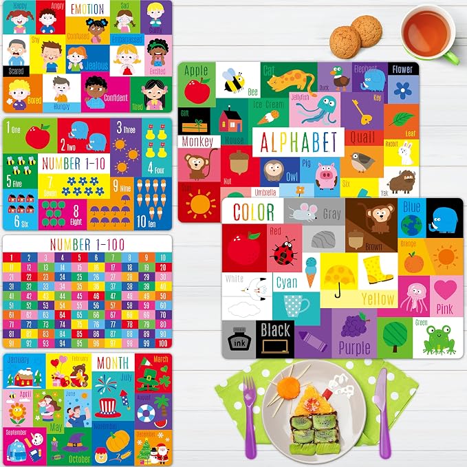 6 Pack Placemats for Kids, Non-Slip Washable, Reusable Alphabet, Color & by SpriteGru