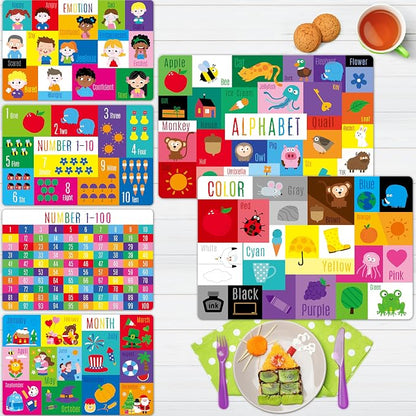 6 Pack Placemats for Kids, Non-Slip Washable, Reusable Alphabet, Color & by SpriteGru