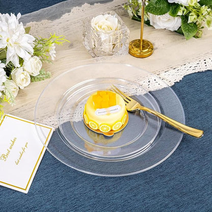 FLOWERCAT 200PCS Clear Plastic Plates Disposable Plates for Party - Heavy Duty Plastic Plates - 100 10" Dinner Plates and 100 7" Salad Plates for Weddings, New Year,Christmas Parties and Events