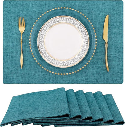 homing Cotton Linen Placemats Set of 6, Cloth Washable Farmhouse Dining Table Mats for Indoors & Outdoors, Easy to Clean, Teal, 13 x 19 Inch
