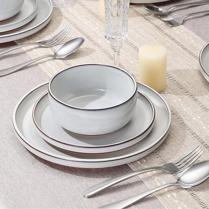E-far Stoneware Dinnerware Sets for 4, 12 Pieces Reactive Glaze Plates and Bowls Sets, Elegant Dishes with Rustic Terracotta Base, Dishwasher & Microwave Safe, Scratch Resistant, Glacier White