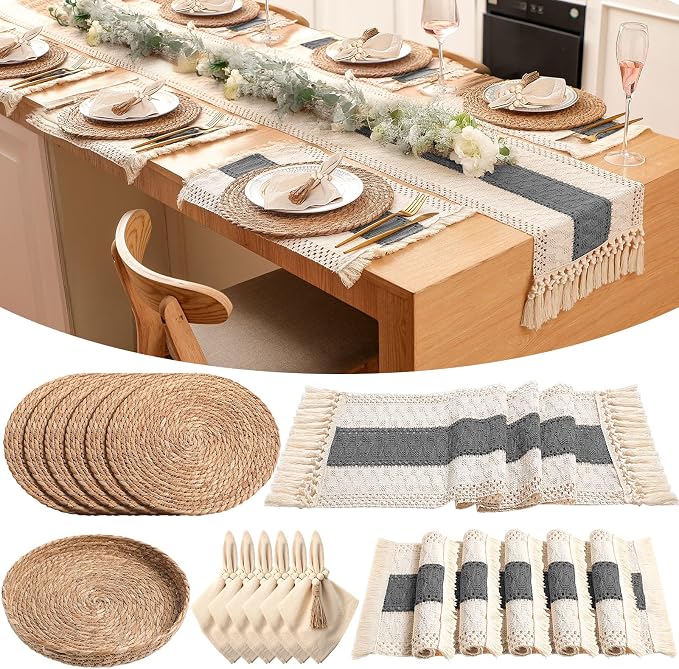 6 Sets Boho Decoration Placemats Round Woven Placemats, Cloth Napkins, Wood by Gandeer