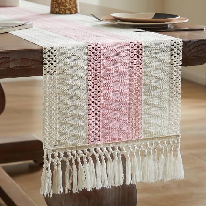 Macrame Style Bicolor Stitching Table Runner 14x72in Light Pink | Woven Boho - Image 7