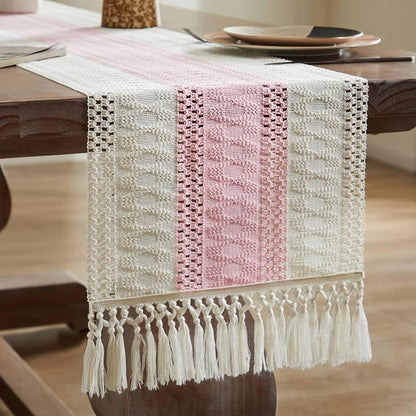 Macrame Style Bicolor Stitching Table Runner 14x60in Light Pink | Woven Boho - Image 7