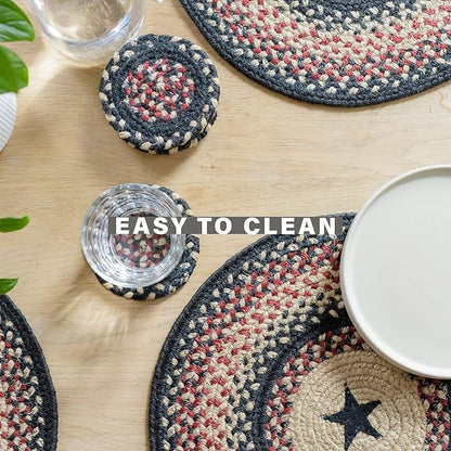 Homespice Primitive Star Gloucester Jute Braided Oval Placemats, Warm Primitive Decor, Set of 6, 13x19 Black and Red Table Mats - Vibrant Colors, Durable, Easy to Clean and Protects Furniture