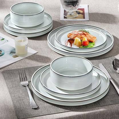 Herogo 12 Pieces Stoneware Dinnerware Set for 4, Ceramic Dinner Dishware Sets for Home Kitchen, Plates and Bowls with Rustic Terracotta Bottom, Dishwasher & Microwave Safe, Icy White