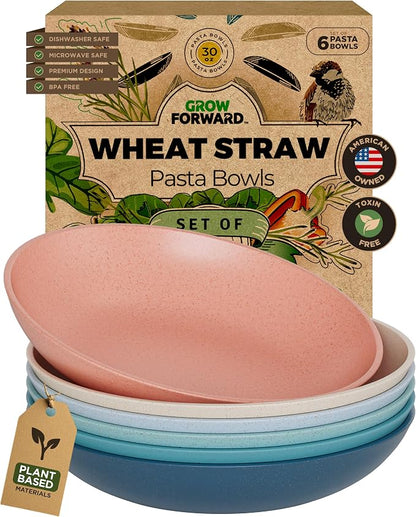 Grow Forward Premium Wheat Straw Pasta Bowls - 30oz Unbreakable Wide & Shallow by GrowForward
