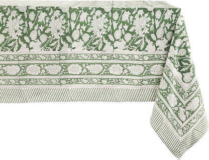 ATOSII Meraki Green 100% Cotton Spring Summer Tablecloth, Block Print Rectangle Table Cover - Dining, Parties, Outdoors, Weddings, Grand Millennial Decor 60 X 60 Inches I 4 Seater I