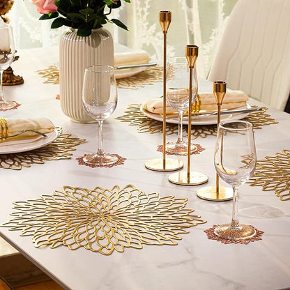 Snowkingdom Pack of 18 Gold Metallic Round Placemats Bulk Pressed Vinyl Leaf Dinning Kitchen Table Mats Decorations Setting for Christmas Wedding Thanksgiving Party Event Holiday Autumn Harvest