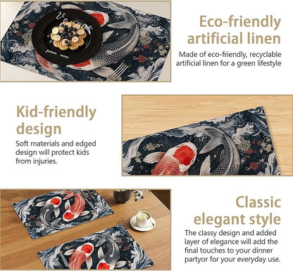 Placemats, Janpanese Koi Fish Placemats 12x18 Inch Waterproof Non-Slip Washable Table Mats for Kitchen Dining Party Table Decor,Set of 6