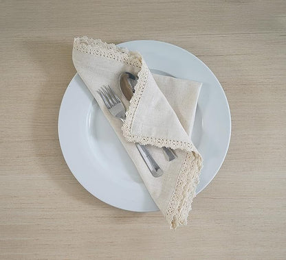 FINGERCRAFT Dinner Cloth Napkin Cotton Linen 12 Pack Vintage Rustic Premium Quality Mitered Corners Napkin Cloth with Elegant Lace for Everyday Use, Pre Shrunk and Good Absorbency 20x20 in Ivory