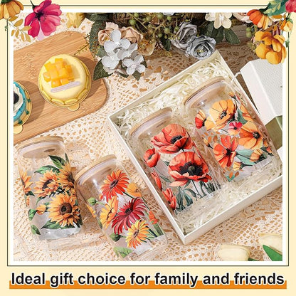 Mumufy 4 Pack Wildflower Glass Cups Gift Aesthetic Cute Glass Cup Tumbler - Image 4