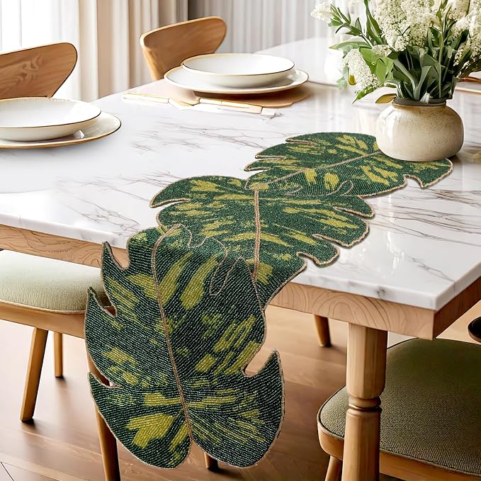 Monstera Leaf Beaded Table Runner 13 x 36 Inch, Handmade Glass Bead Runner - Image 3