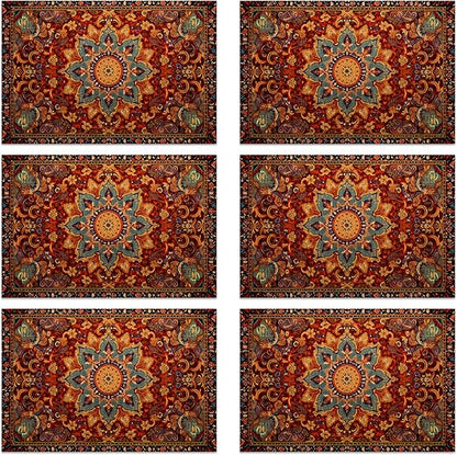 Ethnic Boho Placemats Set of 6, Southwest Orange Blue Teal Carpet Woven Texture Linen Washable Table Mats for Christmas, Thanksgiving, Party, and Dining 12x18 in