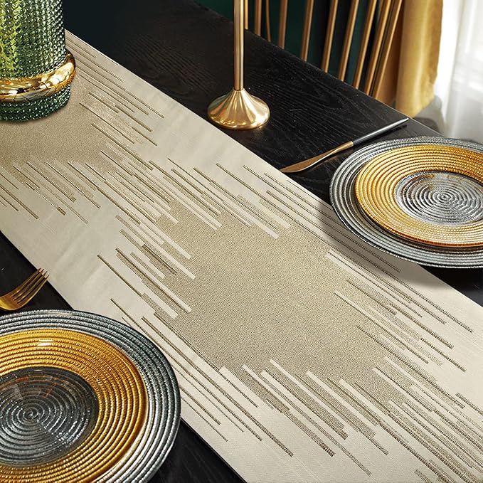 Luxury Beige Table Runner 72 Inches Long, Modern Geometric, Elegant Tassels | - Image 5